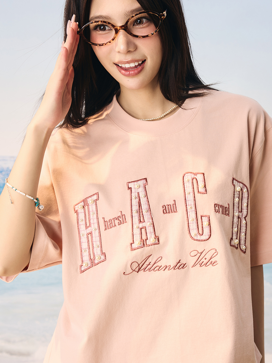 Cool Sensation Sunscreen Patch Embroidery Pearl Round Neck Sorona T-shirt - Trendy Y2K Style for Summer Wear Cool Sensation Sunscreen Patch Embroidery Pearl Round Neck Sorona T-shirt - Trendy Y2K Style for Summer Wear