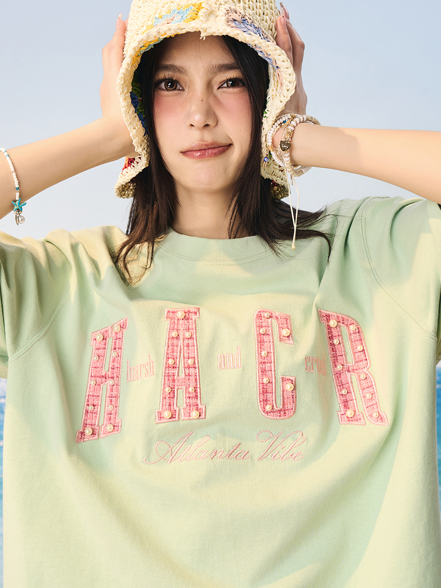 Cool Sensation Sunscreen Patch Embroidery Pearl Round Neck Sorona T-shirt - Trendy Y2K Style for Summer Wear Cool Sensation Sunscreen Patch Embroidery Pearl Round Neck Sorona T-shirt - Trendy Y2K Style for Summer Wear