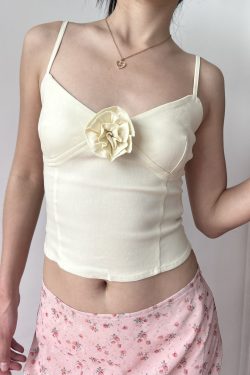 Cream Vintage Three-Dimensional Rose Flower Tight V-Neck Camisole - Spring/Summer American Style Fashion Top
