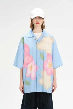 Cuban Collar Short-Sleeve Shirt with Cartoon Flower Print | Harsh and Cruel Inspired | 90s Y2K Fashion