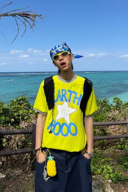 Custom American Style Fun Letter Star Print Short Sleeve T-Shirt for Men and Women, Summer Loose Casual Unisex Top