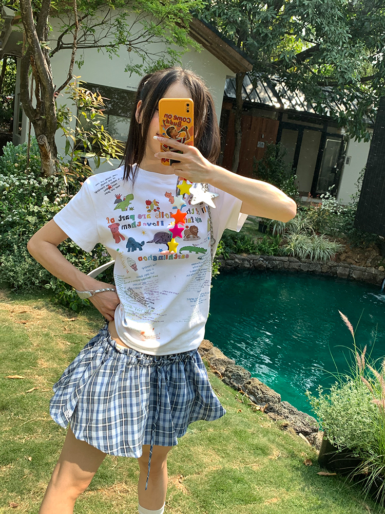 Custom Cartoon Letter Print Round Neck T-Shirt for Men and Women, Loose Casual Short Sleeve Top, Versatile Streetwear Style Custom Cartoon Letter Print Round Neck T-Shirt for Men and Women, Loose Casual Short Sleeve Top, Versatile Streetwear Style