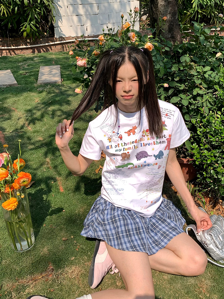 Custom Cartoon Letter Print Round Neck T-Shirt for Men and Women, Loose Casual Short Sleeve Top, Versatile Streetwear Style Custom Cartoon Letter Print Round Neck T-Shirt for Men and Women, Loose Casual Short Sleeve Top, Versatile Streetwear Style