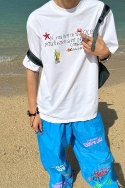 Custom Summer Undersea Animal Minimalist Letter Round Neck T-Shirt for Men and Women - Loose Casual Style, Perfect for 90s and Y2K Fashion