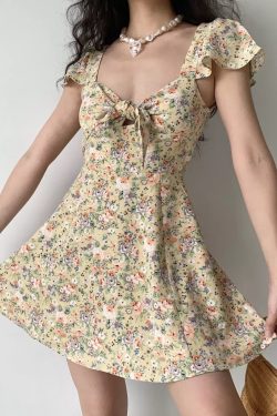 Cute Floral Front Tie Flutter Sleeve Dress - Pastoral Style Women's Summer A-Line Short Skirt, Perfect for 90s and Y2K Fashion