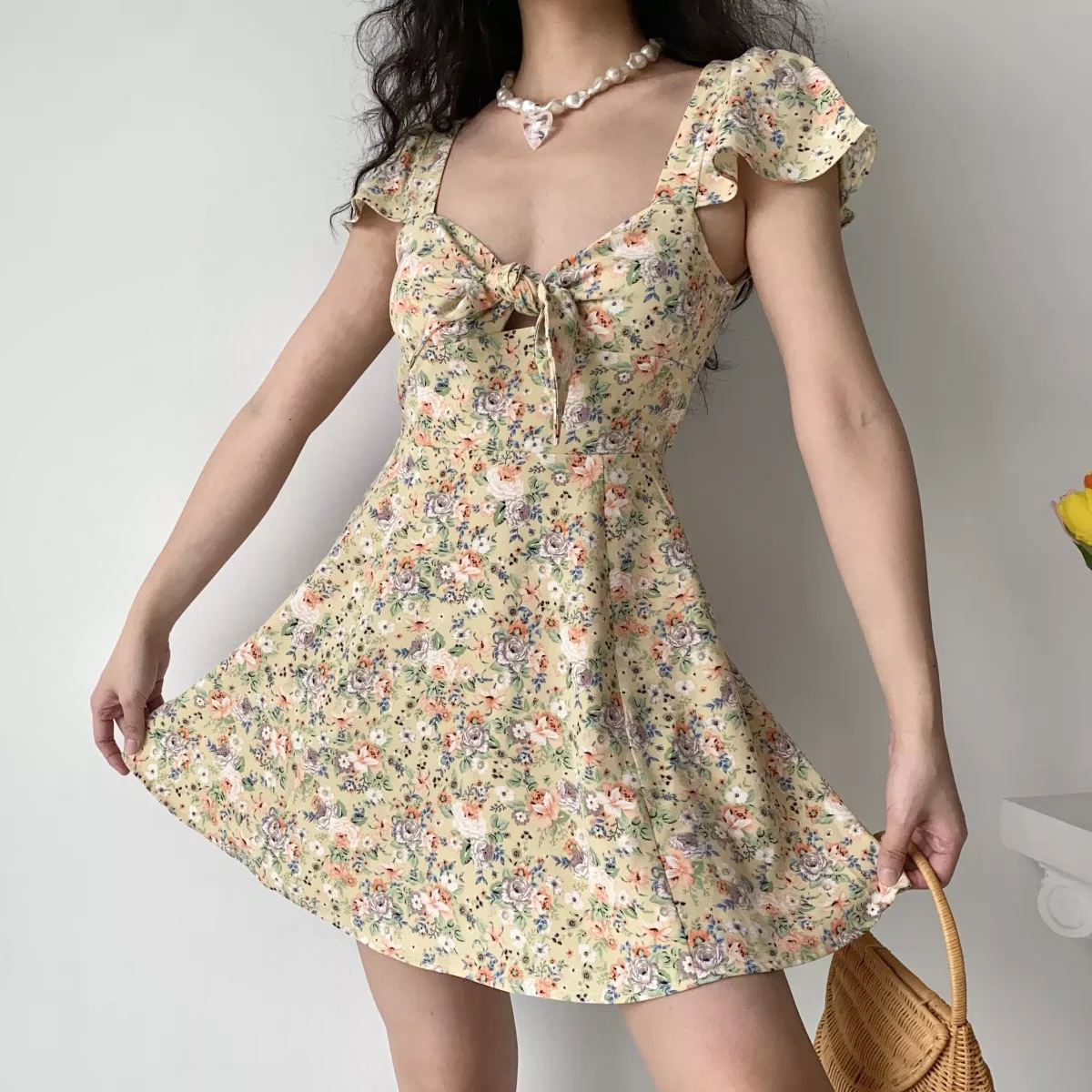 Cute Floral Front Tie Flutter Sleeve Dress - Pastoral Style Women's Summer A-Line Short Skirt, Perfect for 90s and Y2K Fashion Cute Floral Front Tie Flutter Sleeve Dress - Pastoral Style Women's Summer A-Line Short Skirt, Perfect for 90s and Y2K Fashion