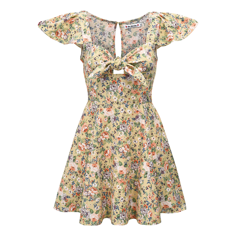 Cute Floral Front Tie Flutter Sleeve Dress - Pastoral Style Women's Summer A-Line Short Skirt, Perfect for 90s and Y2K Fashion Cute Floral Front Tie Flutter Sleeve Dress - Pastoral Style Women's Summer A-Line Short Skirt, Perfect for 90s and Y2K Fashion