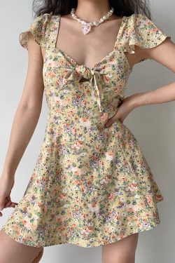 Cute Floral Front Tie Flutter Sleeve Dress - Pastoral Style Women's Summer A-Line Short Skirt, Perfect for 90s and Y2K Fashion