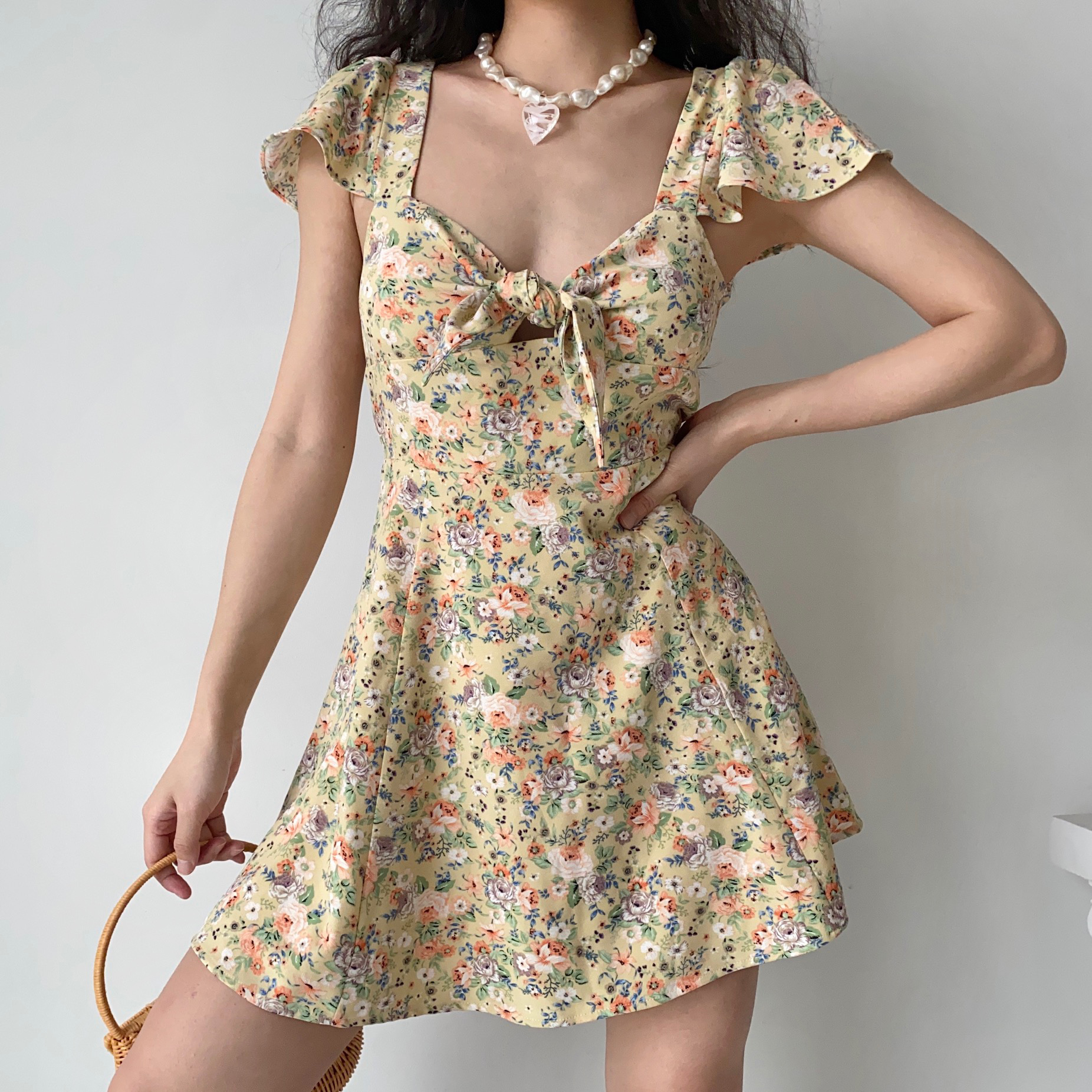 Cute Floral Front Tie Flutter Sleeve Dress - Pastoral Style Women's Summer A-Line Short Skirt, Perfect for 90s and Y2K Fashion Cute Floral Front Tie Flutter Sleeve Dress - Pastoral Style Women's Summer A-Line Short Skirt, Perfect for 90s and Y2K Fashion