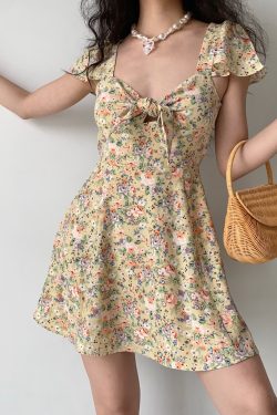Cute Floral Front Tie Flutter Sleeve Dress - Pastoral Style Women's Summer A-Line Short Skirt, Perfect for 90s and Y2K Fashion