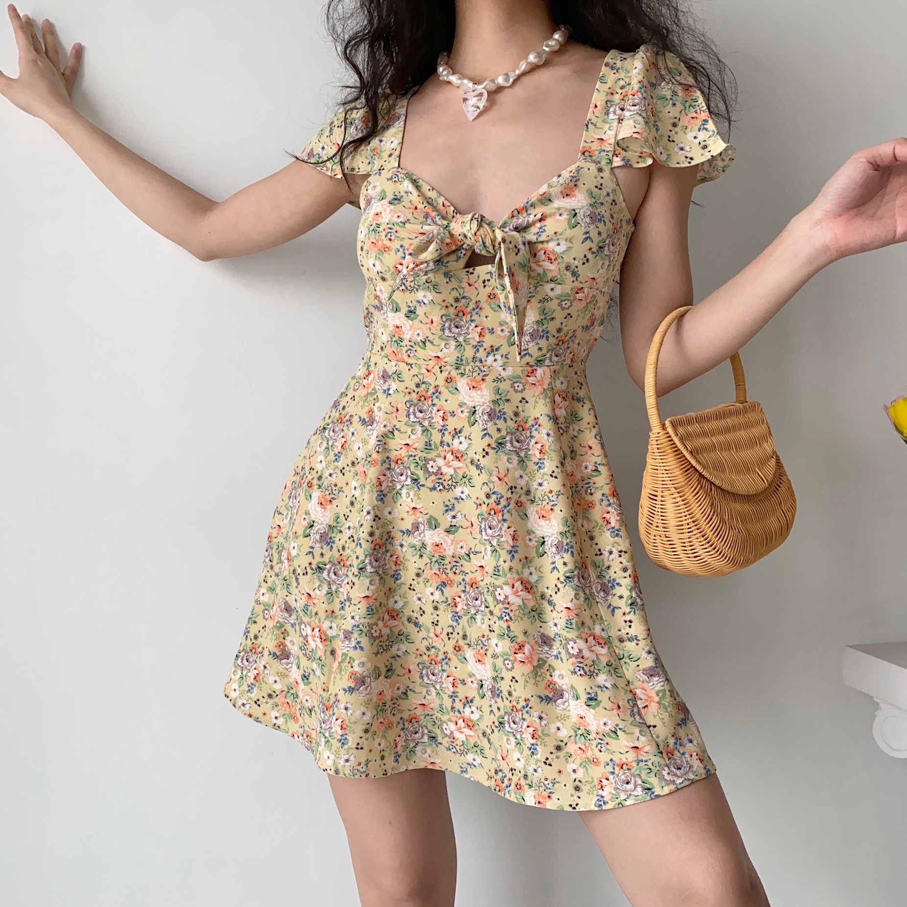 Cute Floral Front Tie Flutter Sleeve Dress - Pastoral Style Women's Summer A-Line Short Skirt, Perfect for 90s and Y2K Fashion Cute Floral Front Tie Flutter Sleeve Dress - Pastoral Style Women's Summer A-Line Short Skirt, Perfect for 90s and Y2K Fashion