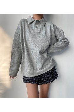 Cute Girl Polo Collar Loose Fit Long Sleeve Sweatshirt Top - Versatile BF Style Solid Color Pullover for Casual 90s Korean Style Fashion