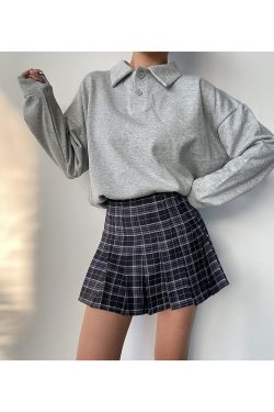 Cute Girl Polo Collar Loose Fit Long Sleeve Sweatshirt Top - Versatile BF Style Solid Color Pullover for Casual 90s Korean Style Fashion