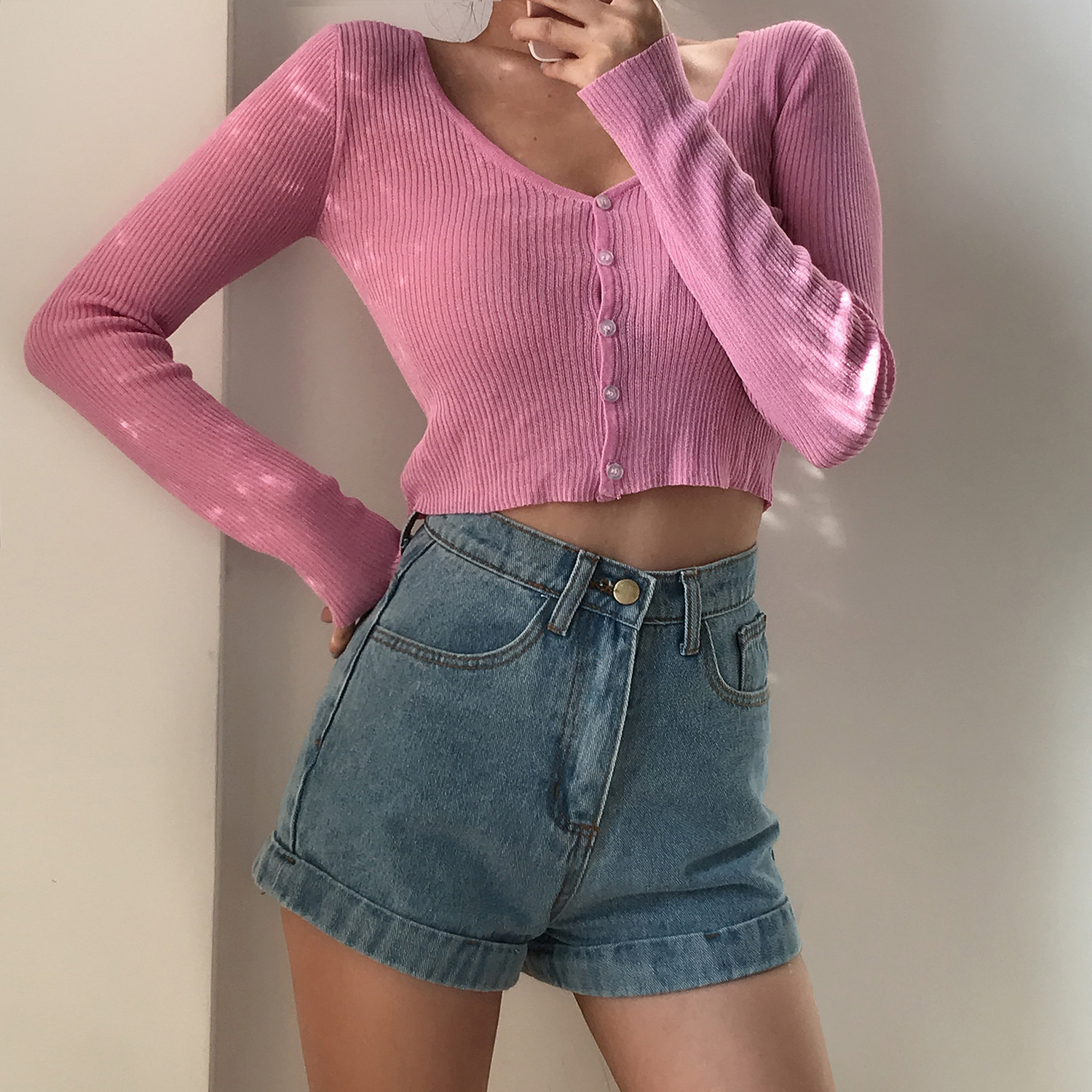 Cute Girl V-neck Single-Breasted Slim High-Waist Long Sleeve Sun Protection Cardigan - Thin Knitted Sweater for Spring 90s Y2K Style Cute Girl V-neck Single-Breasted Slim High-Waist Long Sleeve Sun Protection Cardigan - Thin Knitted Sweater for Spring 90s Y2K Style