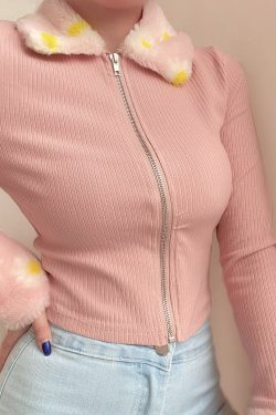 Cute Leopard Print Fur Collar Spliced Stretch Slim High Waist Long Sleeve Zipper Top Cardigan for Y2K Fashion Lovers