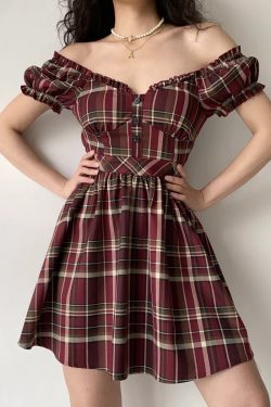 Cute Retro V-Neck Puff Sleeve Plaid Dress for Women - High Waist Flared A-Line Skirt, Age-Reducing 90s Inspired Fashion