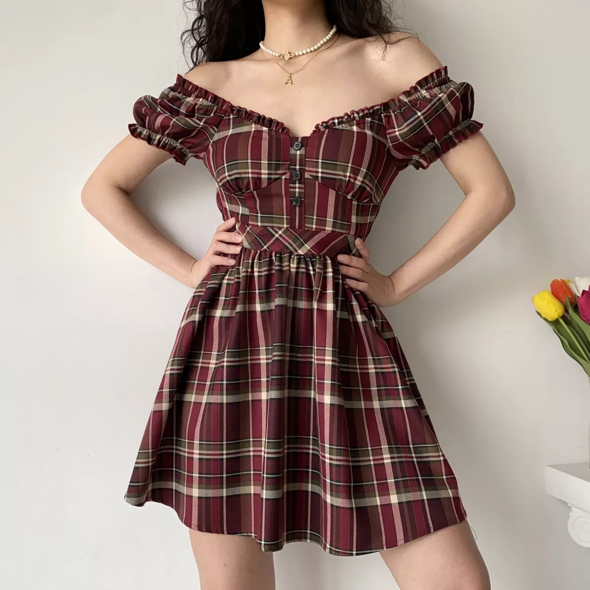 Cute Retro V-Neck Puff Sleeve Plaid Dress for Women - High Waist Flared A-Line Skirt, Age-Reducing 90s Inspired Fashion Cute Retro V-Neck Puff Sleeve Plaid Dress for Women - High Waist Flared A-Line Skirt, Age-Reducing 90s Inspired Fashion