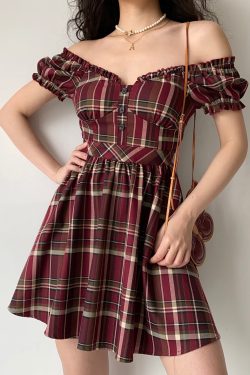 Cute Retro V-Neck Puff Sleeve Plaid Dress for Women - High Waist Flared A-Line Skirt, Age-Reducing 90s Inspired Fashion