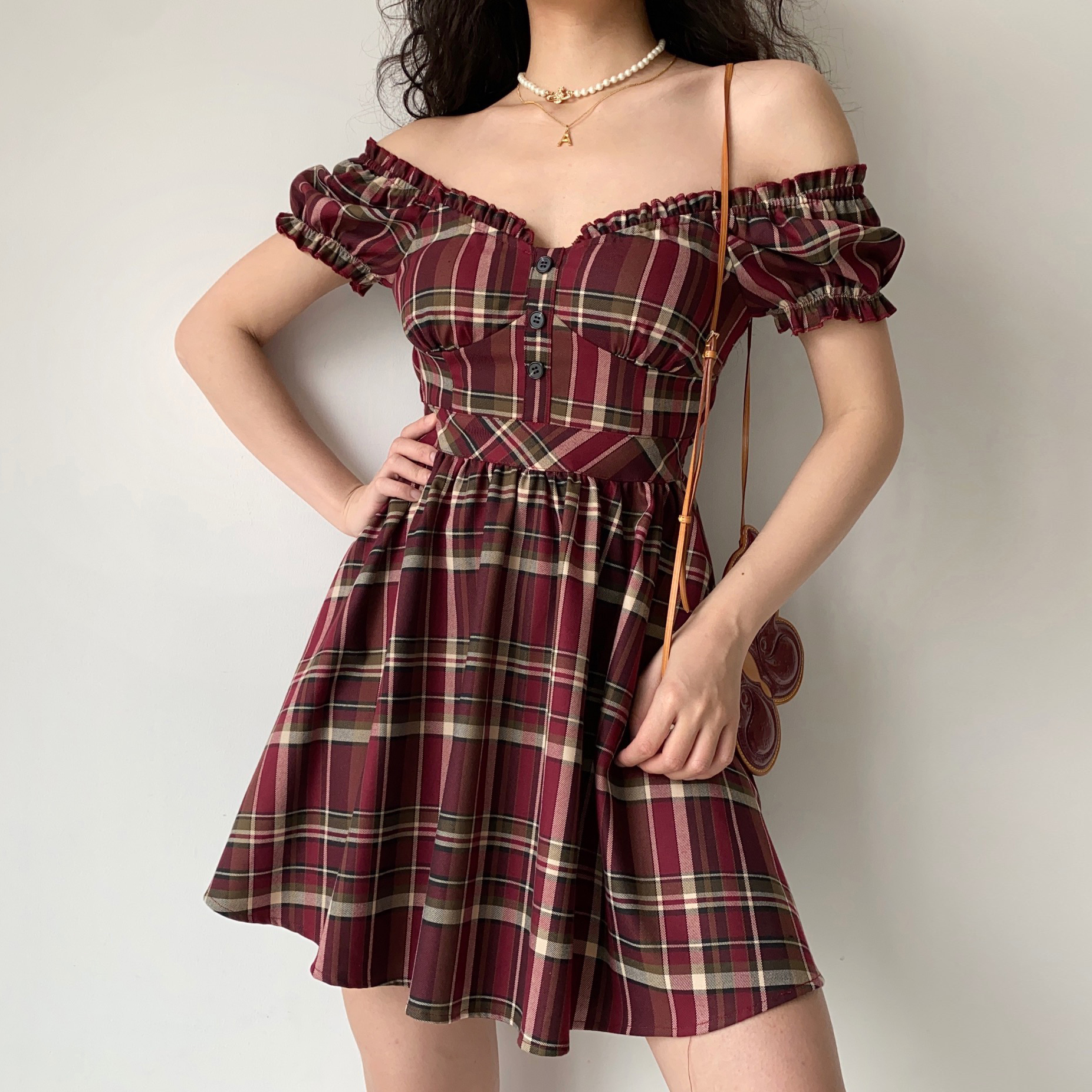 Cute Retro V-Neck Puff Sleeve Plaid Dress for Women - High Waist Flared A-Line Skirt, Age-Reducing 90s Inspired Fashion Cute Retro V-Neck Puff Sleeve Plaid Dress for Women - High Waist Flared A-Line Skirt, Age-Reducing 90s Inspired Fashion