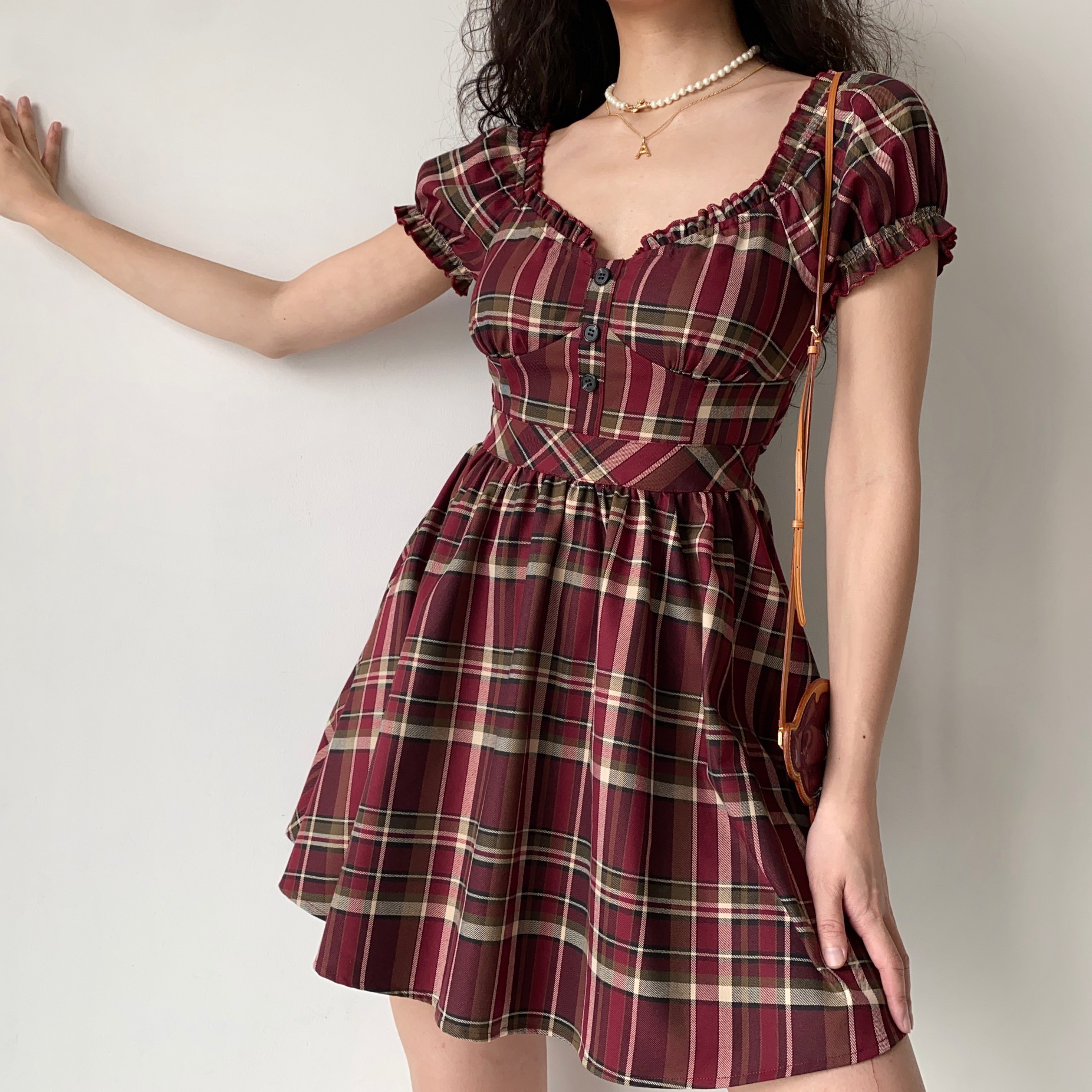 Cute Retro V-Neck Puff Sleeve Plaid Dress for Women - High Waist Flared A-Line Skirt, Age-Reducing 90s Inspired Fashion Cute Retro V-Neck Puff Sleeve Plaid Dress for Women - High Waist Flared A-Line Skirt, Age-Reducing 90s Inspired Fashion