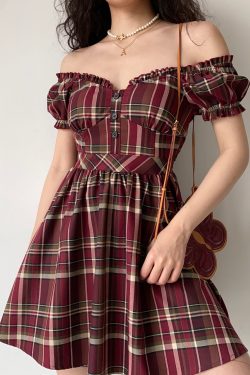 Cute Retro V-Neck Puff Sleeve Plaid Dress for Women - High Waist Flared A-Line Skirt, Age-Reducing 90s Inspired Fashion