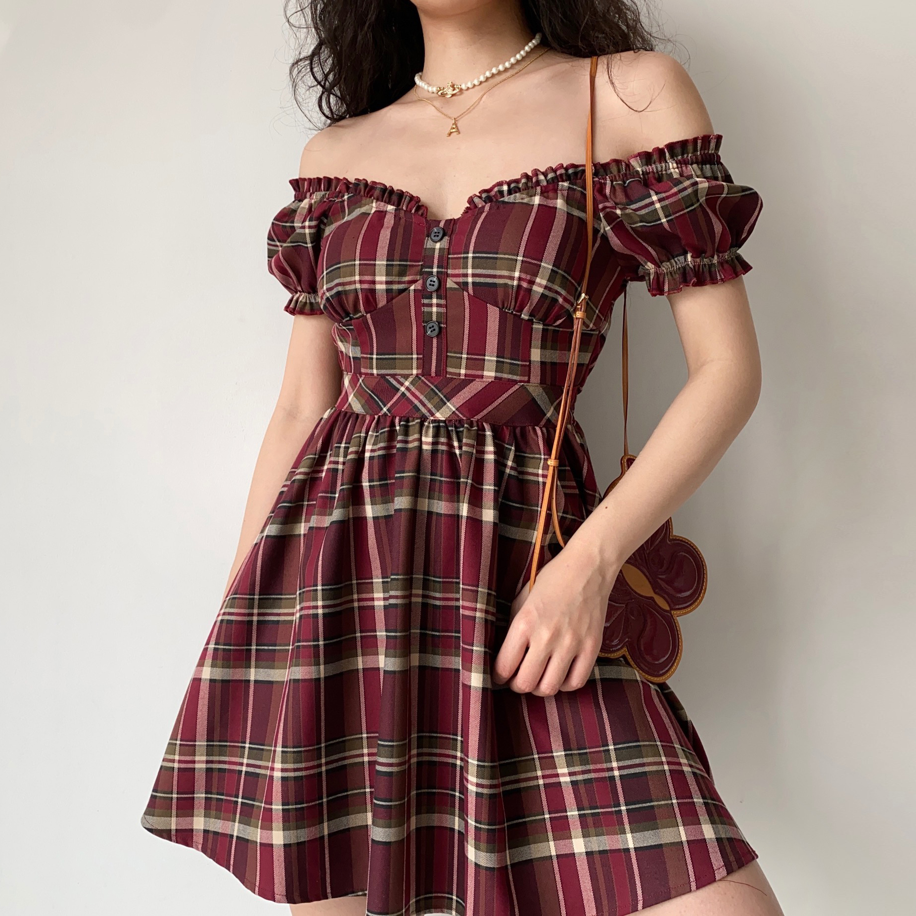 Cute Retro V-Neck Puff Sleeve Plaid Dress for Women - High Waist Flared A-Line Skirt, Age-Reducing 90s Inspired Fashion Cute Retro V-Neck Puff Sleeve Plaid Dress for Women - High Waist Flared A-Line Skirt, Age-Reducing 90s Inspired Fashion