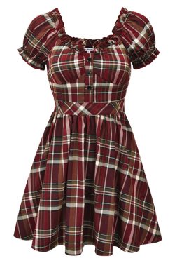 Cute Retro V-Neck Puff Sleeve Plaid Dress for Women - High Waist Flared A-Line Skirt, Age-Reducing 90s Inspired Fashion