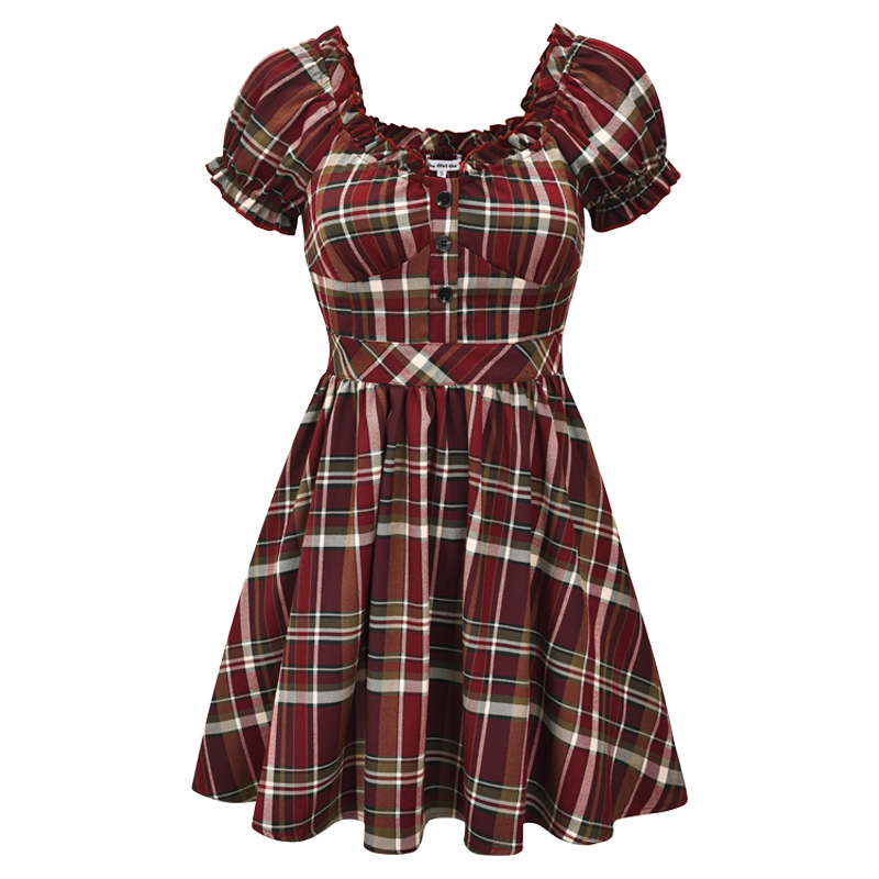 Cute Retro V-Neck Puff Sleeve Plaid Dress for Women - High Waist Flared A-Line Skirt, Age-Reducing 90s Inspired Fashion Cute Retro V-Neck Puff Sleeve Plaid Dress for Women - High Waist Flared A-Line Skirt, Age-Reducing 90s Inspired Fashion