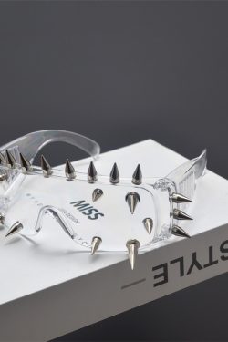 Cyberpunk Rectangular One-Piece Sunglasses for Men and Women, Trendy Metal Rivets, Windproof Exaggerated Cycling Shades