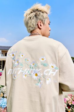 Daisy Embroidered Letter Short Sleeve T-Shirt for Couples - Vintage 90s Unisex Summer Style