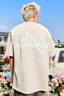 Daisy Embroidered Letter Short Sleeve T-Shirt for Couples - Vintage 90s Unisex Summer Style