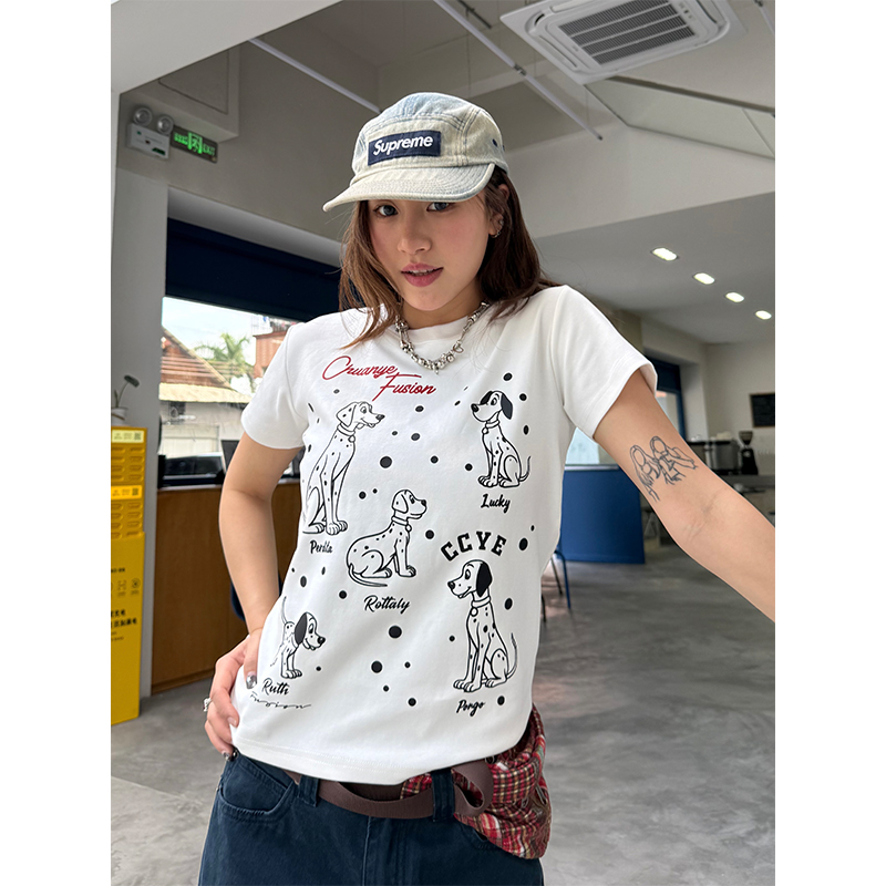 Dalmatian Print Heavy Short Sleeve T-Shirt for Women - Summer Round Neck Top, American Style, Trendy Casual Wear Dalmatian Print Heavy Short Sleeve T-Shirt for Women - Summer Round Neck Top, American Style, Trendy Casual Wear