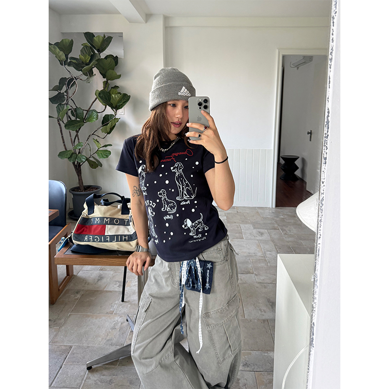 Dalmatian Print Heavy Short Sleeve T-Shirt for Women - Summer Round Neck Top, American Style, Trendy Casual Wear Dalmatian Print Heavy Short Sleeve T-Shirt for Women - Summer Round Neck Top, American Style, Trendy Casual Wear