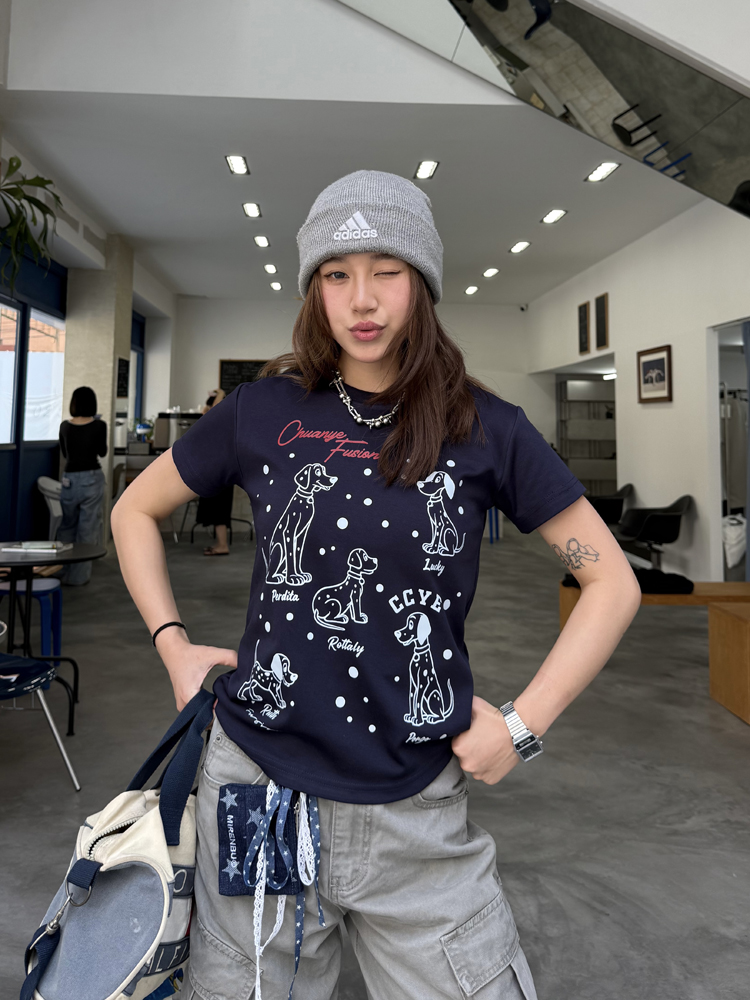 Dalmatian Print Heavy Short Sleeve T-Shirt for Women - Summer Round Neck Top, American Style, Trendy Casual Wear Dalmatian Print Heavy Short Sleeve T-Shirt for Women - Summer Round Neck Top, American Style, Trendy Casual Wear