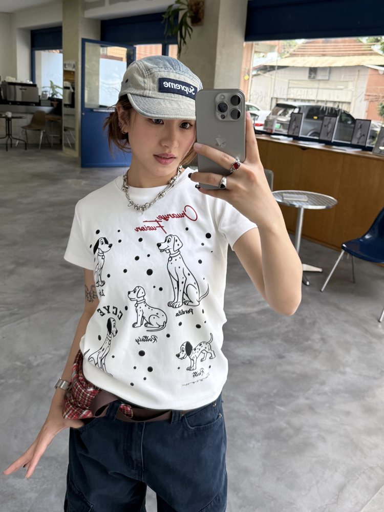 Dalmatian Print Heavy Short Sleeve T-Shirt for Women - Summer Round Neck Top, American Style, Trendy Casual Wear Dalmatian Print Heavy Short Sleeve T-Shirt for Women - Summer Round Neck Top, American Style, Trendy Casual Wear