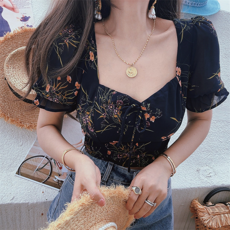 Dark Blue Floral Puff Sleeve V-Neck Top - Vintage Inspired Waist-Defined Short Sleeve Shirt for Women - Spring/Summer 2025 Fashion Dark Blue Floral Puff Sleeve V-Neck Top - Vintage Inspired Waist-Defined Short Sleeve Shirt for Women - Spring/Summer 2025 Fashion