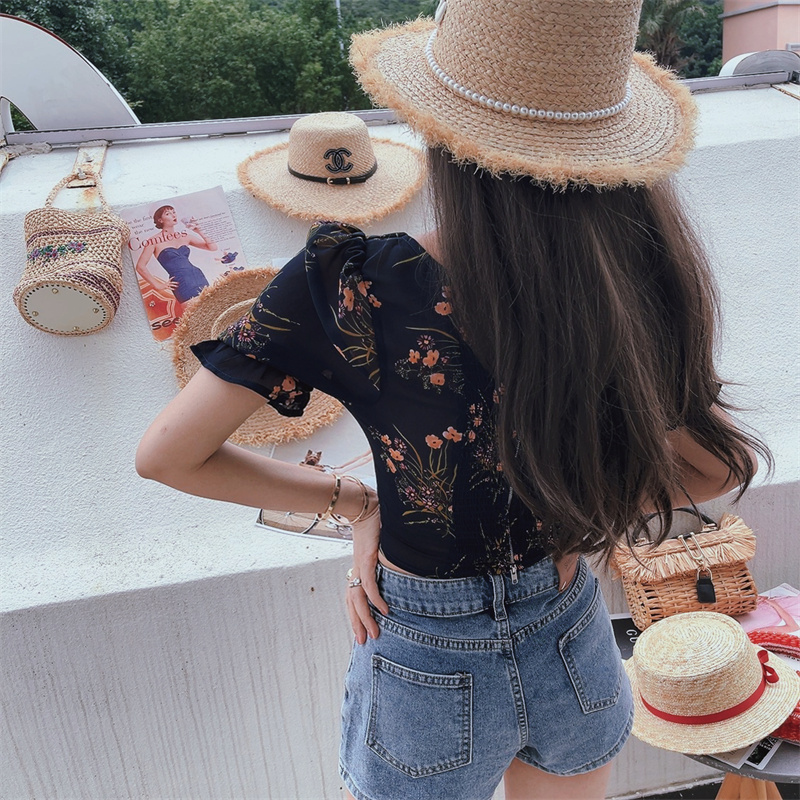 Dark Blue Floral Puff Sleeve V-Neck Top - Vintage Inspired Waist-Defined Short Sleeve Shirt for Women - Spring/Summer 2025 Fashion Dark Blue Floral Puff Sleeve V-Neck Top - Vintage Inspired Waist-Defined Short Sleeve Shirt for Women - Spring/Summer 2025 Fashion