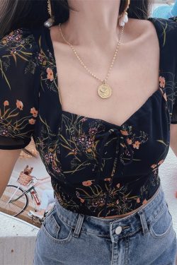 Dark Blue Floral Puff Sleeve V-Neck Top - Vintage Inspired Waist-Defined Short Sleeve Shirt for Women - Spring/Summer 2025 Fashion