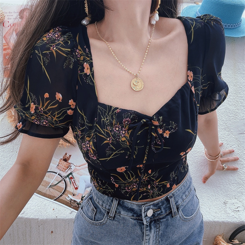 Dark Blue Floral Puff Sleeve V-Neck Top - Vintage Inspired Waist-Defined Short Sleeve Shirt for Women - Spring/Summer 2025 Fashion Dark Blue Floral Puff Sleeve V-Neck Top - Vintage Inspired Waist-Defined Short Sleeve Shirt for Women - Spring/Summer 2025 Fashion