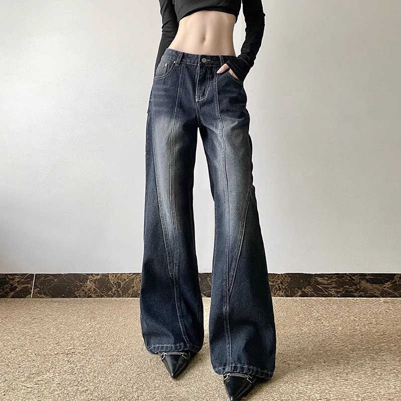 Dark Blue Letter Embroidered Slim Flare Jeans for Women, Versatile Casual Pants with Draping Effect, Y2K Street Style Fashion Dark Blue Letter Embroidered Slim Flare Jeans for Women, Versatile Casual Pants with Draping Effect, Y2K Street Style Fashion