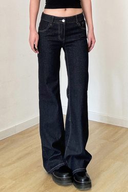 Dark Blue Letter Embroidered Slim Flare Jeans for Women, Versatile Casual Pants with Draping Effect, Y2K Street Style Fashion