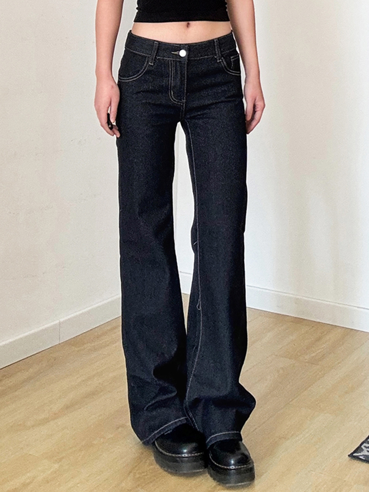 Dark Blue Letter Embroidered Slim Flare Jeans for Women, Versatile Casual Pants with Draping Effect, Y2K Street Style Fashion Dark Blue Letter Embroidered Slim Flare Jeans for Women, Versatile Casual Pants with Draping Effect, Y2K Street Style Fashion