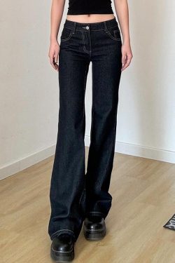 Dark Blue Letter Embroidered Slim Flare Jeans for Women, Versatile Casual Pants with Draping Effect, Y2K Street Style Fashion