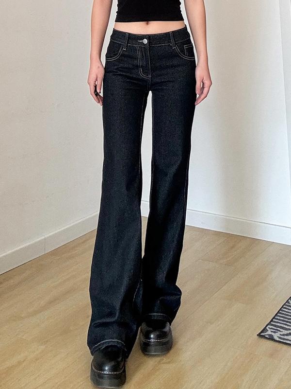 Dark Blue Letter Embroidered Slim Flare Jeans for Women, Versatile Casual Pants with Draping Effect, Y2K Street Style Fashion Dark Blue Letter Embroidered Slim Flare Jeans for Women, Versatile Casual Pants with Draping Effect, Y2K Street Style Fashion