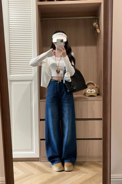 Dark Blue Letter Embroidered Slim Flare Jeans for Women, Versatile Casual Pants with Draping Effect, Y2K Street Style Fashion