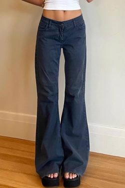 Dark Blue Letter Embroidered Slim Flare Jeans for Women, Versatile Casual Pants with Draping Effect, Y2K Street Style Fashion