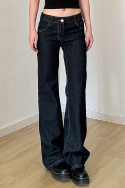 Dark Blue Letter Embroidered Slim Flare Jeans for Women, Versatile Casual Pants with Draping Effect, Y2K Street Style Fashion