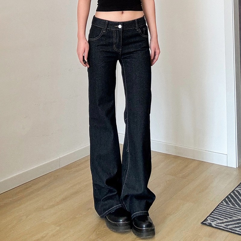 Dark Blue Letter Embroidered Slim Flare Jeans for Women, Versatile Casual Pants with Draping Effect, Y2K Street Style Fashion Dark Blue Letter Embroidered Slim Flare Jeans for Women, Versatile Casual Pants with Draping Effect, Y2K Street Style Fashion