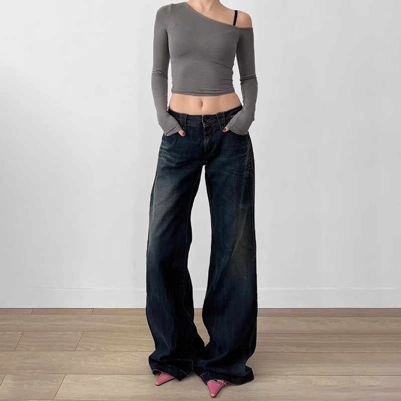 Dark Blue Letter Embroidered Slim Flare Jeans for Women, Versatile Casual Pants with Draping Effect, Y2K Street Style Fashion Dark Blue Letter Embroidered Slim Flare Jeans for Women, Versatile Casual Pants with Draping Effect, Y2K Street Style Fashion