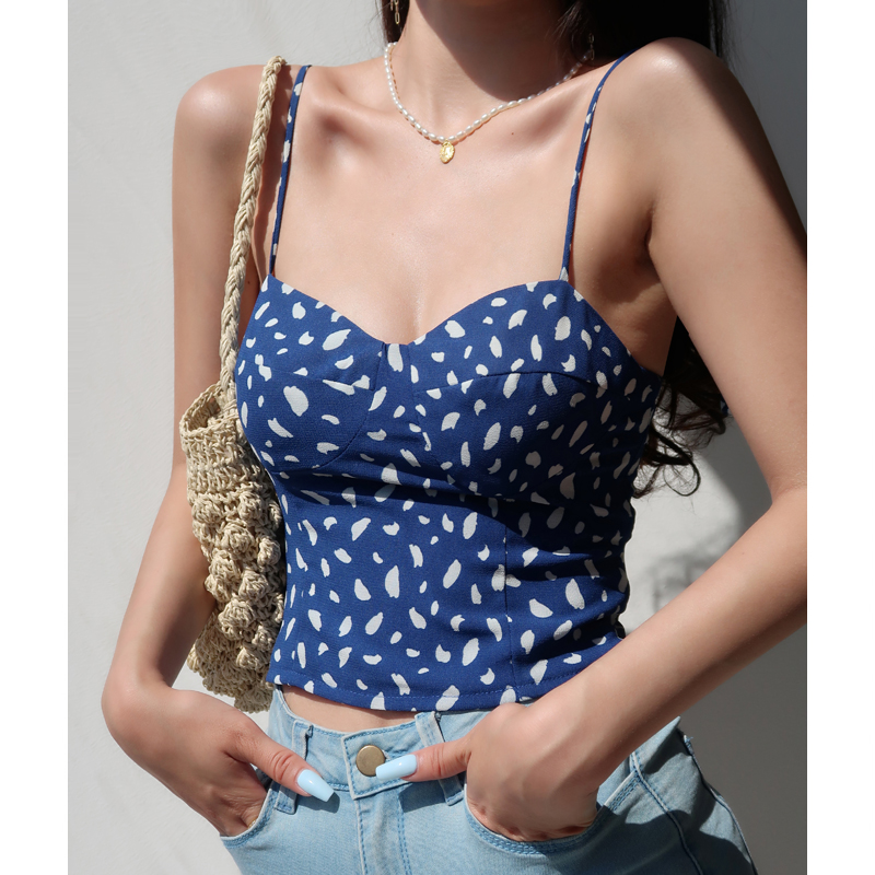 Dark Blue Printed V-Neck Tie-Back Tank Top for Women - Versatile Wrap Style, Sexy European American Fashion Dark Blue Printed V-Neck Tie-Back Tank Top for Women - Versatile Wrap Style, Sexy European American Fashion